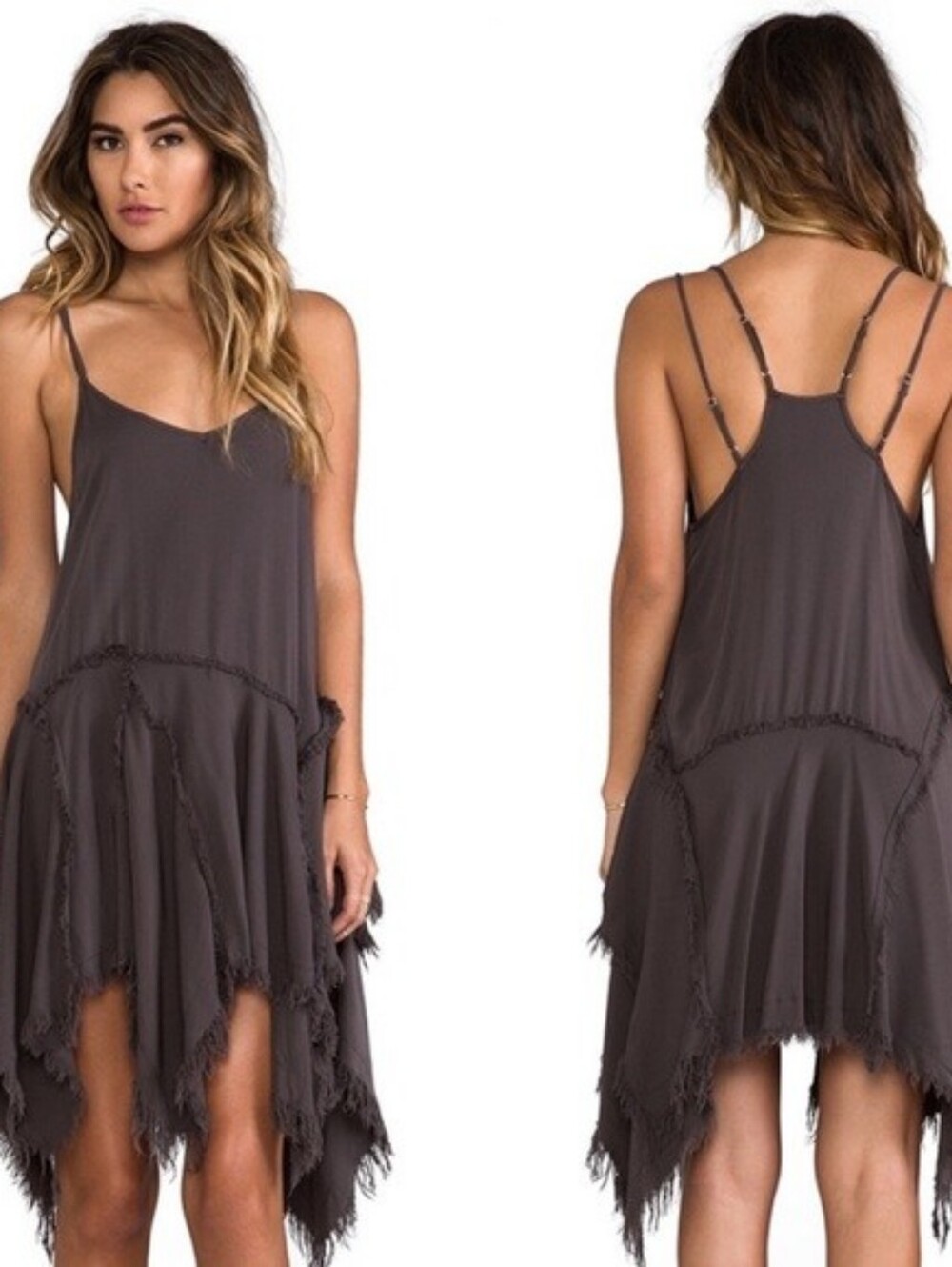 Free People Tattered Up Asymmetrical Slip Dress W/raw Edges Nwt MEDIUM CHARCOAL